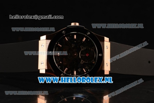 Hublot Classic Fusion Skeleton Tourbillon Rose Gold/PVD Case Asia Auto with Skeleton Dial and Black Leather Strap - Click Image to Close