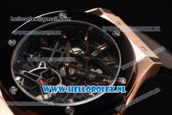 Hublot Classic Fusion Skeleton Tourbillon Rose Gold/PVD Case Asia Auto with Skeleton Dial and Black Leather Strap - Click Image to Close