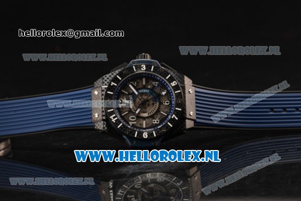 Hublot Big Bang Unico GMT Asia Auto PVD Case with Skeleton Dial and Blue Rubber Strap - Click Image to Close