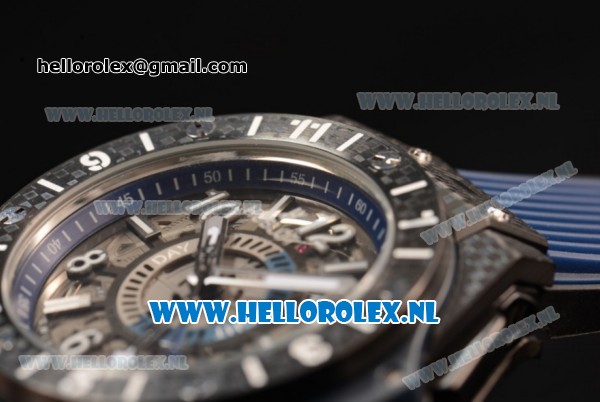 Hublot Big Bang Unico GMT Asia Auto PVD Case with Skeleton Dial and Blue Rubber Strap - Click Image to Close