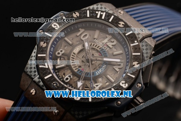 Hublot Big Bang Unico GMT Asia Auto PVD Case with Skeleton Dial and Blue Rubber Strap - Click Image to Close