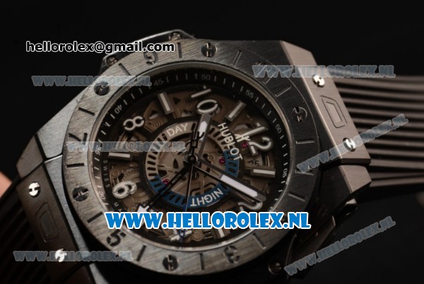 Hublot Big Bang Unico GMT Asia Auto PVD Case with Skeleton Dial and Black Rubber Strap - Click Image to Close