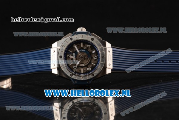 Hublot Big Bang Unico GMT Asia Auto Steel Case with Skeleton Dial and Blue Rubber Strap - Click Image to Close