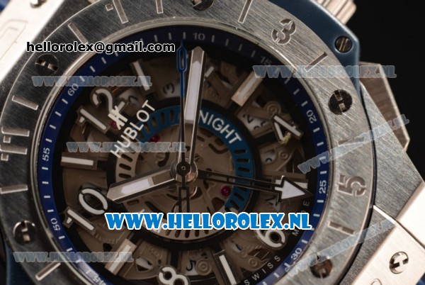 Hublot Big Bang Unico GMT Asia Auto Steel Case with Skeleton Dial and Blue Rubber Strap - Click Image to Close