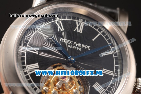 Patek Philippe Complication Tourbillon Manual Winding Steel Case with Black Dial and Black Leather Strap - Click Image to Close