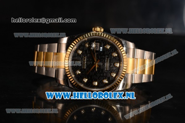 Rolex Datejust 3135 Auto Yellow Gold Case with Black Dial and Two Tone Bracelet - 1:1 Origianl (AAAF) - Click Image to Close