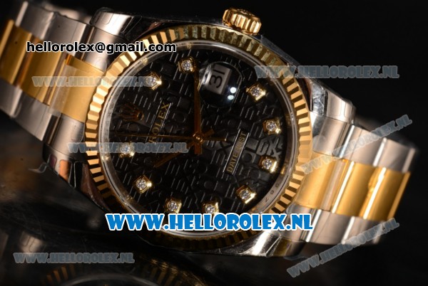 Rolex Datejust 3135 Auto Yellow Gold Case with Black Dial and Two Tone Bracelet - 1:1 Origianl (AAAF) - Click Image to Close