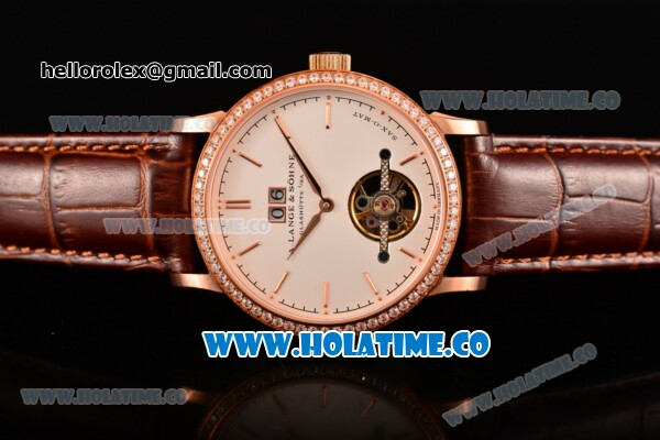 A.Lange&Sohne Saxonia Tourbillon Asia Automatic Rose Gold Case with White Dial Brown Leather Strap and Diamonds Bezel - Click Image to Close