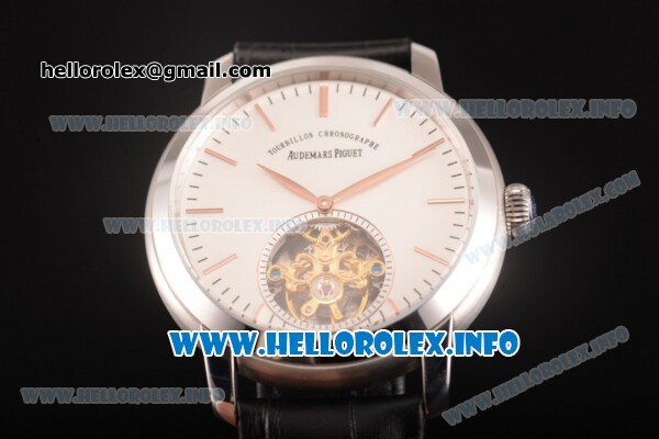 Audemars Piguet Jules Audemars Tourbillon Asia Automatic Steel Case with White Dial Black Leather Strap and Stick Markers - Click Image to Close