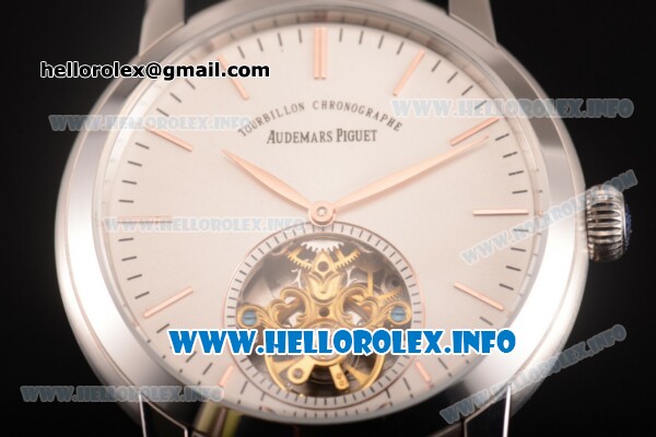 Audemars Piguet Jules Audemars Tourbillon Asia Automatic Steel Case with White Dial Black Leather Strap and Stick Markers - Click Image to Close