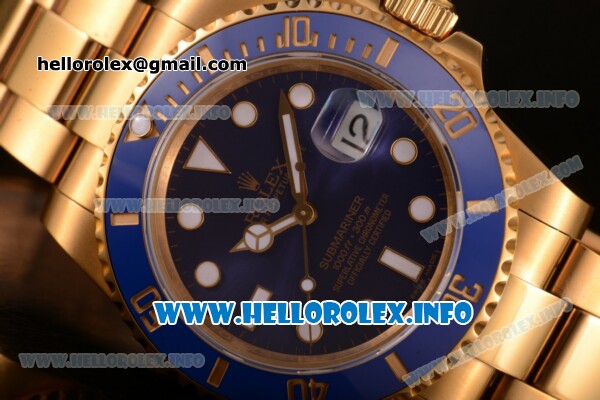 Rolex Submariner Miyota 9015 Automatic Yellow Gold Case/Bracelet with Blue Dial and White Dot Markers (BP) - Click Image to Close