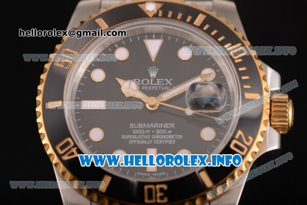 Rolex Submariner Miyota 9015 Automatic Yellow Gold/Steel Case with Black Dial and White Dot Markers (BP) - Click Image to Close