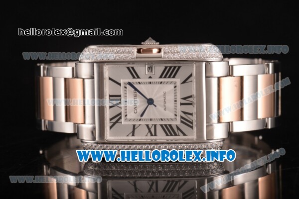 Cartier Tank Anglaise Miyota 9015 Automatic Two Tone Case/Bracelet with Silver Dial and Roman Numeral Markers - Diamonds Bezel - Click Image to Close