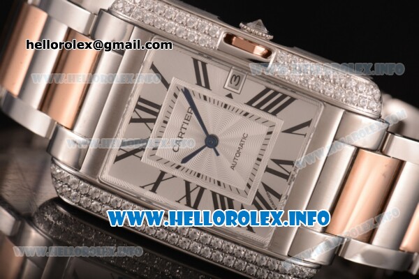 Cartier Tank Anglaise Miyota 9015 Automatic Two Tone Case/Bracelet with Silver Dial and Roman Numeral Markers - Diamonds Bezel - Click Image to Close