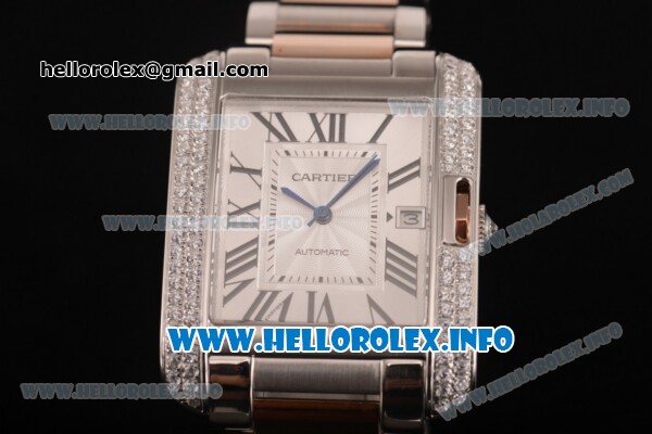 Cartier Tank Anglaise Miyota 9015 Automatic Two Tone Case/Bracelet with Silver Dial and Roman Numeral Markers - Diamonds Bezel - Click Image to Close