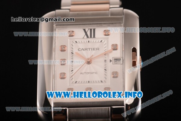Cartier Tank Anglaise Miyota 9015 Automatic Two Tone Case/Bracelet with Silver Dial and Diamonds Markers - Click Image to Close