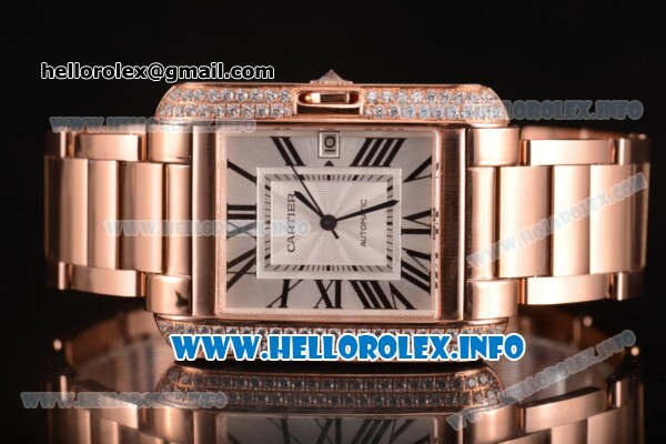 Cartier Tank Anglaise Miyota 9015 Automatic Rose Gold Case/Bracelet with Silver Dial and Roman Numeral Markers - Diamonds Bezel - Click Image to Close