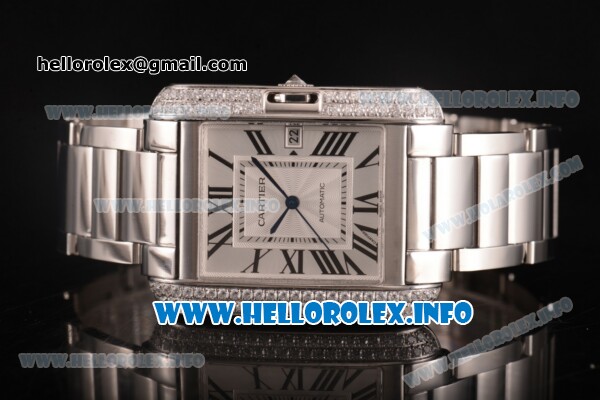 Cartier Tank Anglaise Miyota 9015 Automatic Steel Case/Bracelet with Silver Dial and Roman Numeral Markers - Diamonds Bezel - Click Image to Close