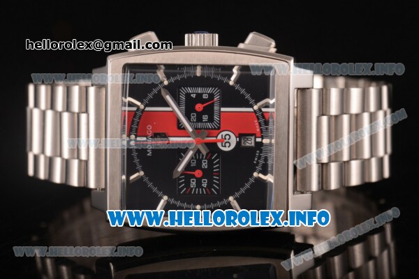 Tag Heuer Monaco Calibre 12 Chrono Miyota Quartz Full Steel with Black/Red Dial and Silver Stick Markers - Click Image to Close