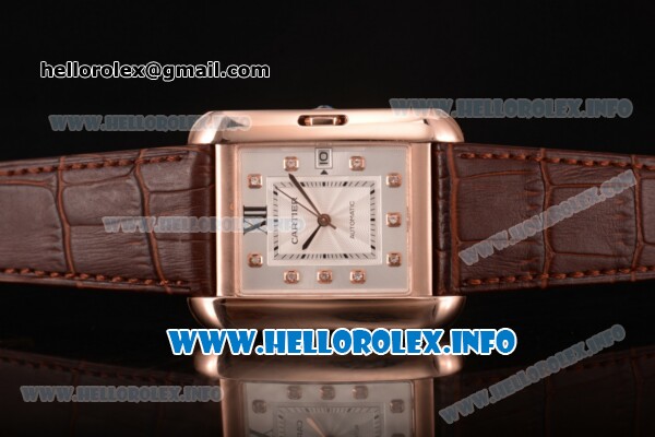 Cartier Tank Anglaise Miyota 9015 Automatic Rose Gold Case with Silver Dial Brown Leather Strap and Diamonds Markers - Click Image to Close