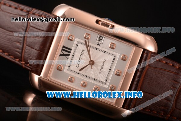 Cartier Tank Anglaise Miyota 9015 Automatic Rose Gold Case with Silver Dial Brown Leather Strap and Diamonds Markers - Click Image to Close