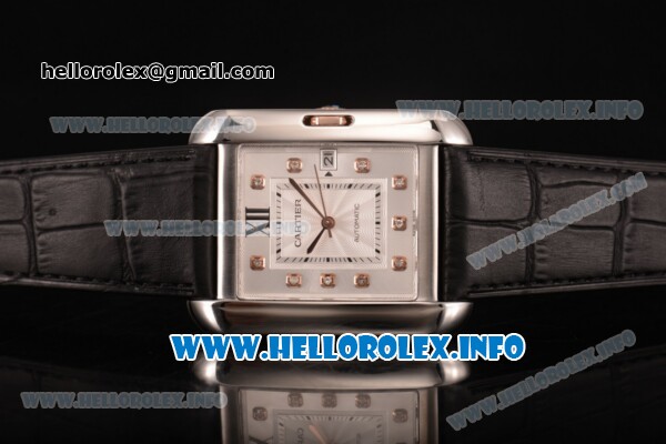 Cartier Tank Anglaise Miyota 9015 Automatic Steel Case with Silver Dial Black Leather Strap and Diamonds Markers - Click Image to Close