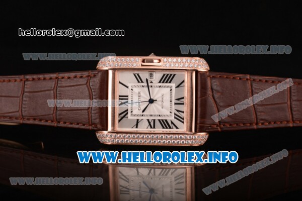 Cartier Tank Anglaise Miyota 9015 Automatic Rose Gold Case with Black Roman Numeral Markers and Silver Dial - Diamonds Bezel - Click Image to Close