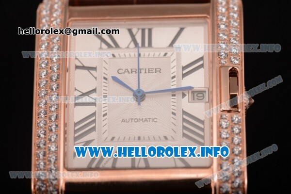 Cartier Tank Anglaise Miyota 9015 Automatic Rose Gold Case with Black Roman Numeral Markers and Silver Dial - Diamonds Bezel - Click Image to Close