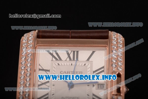 Cartier Tank Anglaise Miyota 9015 Automatic Rose Gold Case with Black Roman Numeral Markers and Silver Dial - Diamonds Bezel - Click Image to Close