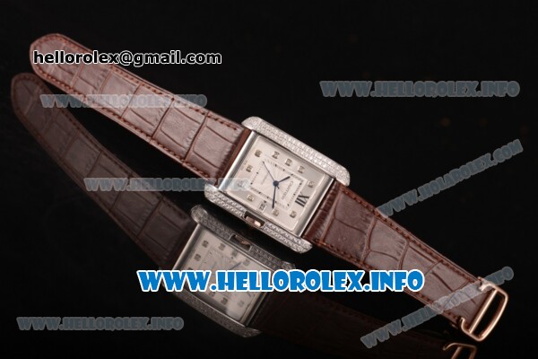Cartier Tank Anglaise Miyota 9015 Automatic Steel Case with Diamonds Markers Brown Leather Strap and Silver Dial - Diamonds Bezel - Click Image to Close