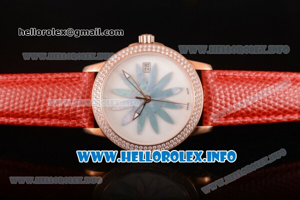 BlancPain Women Ultraplate Miyota 9015 Automatic Rose Gold Case with White MOP Marquetry Dial and Red Leather Strap - Diamonds Bezel - Click Image to Close