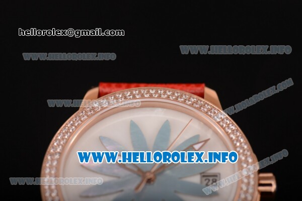 BlancPain Women Ultraplate Miyota 9015 Automatic Rose Gold Case with White MOP Marquetry Dial and Red Leather Strap - Diamonds Bezel - Click Image to Close