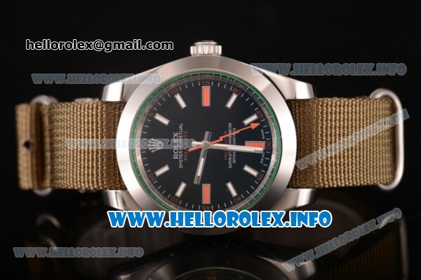 Rolex Milgauss Asia Automatic Steel Case with Black Dial and Army Nylon Strap - Stick Markers - Click Image to Close