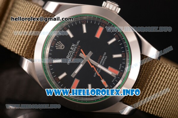 Rolex Milgauss Asia Automatic Steel Case with Black Dial and Army Nylon Strap - Stick Markers - Click Image to Close