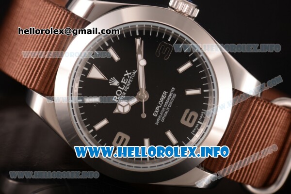Rolex Explorer Asia Automatic Steel Case with Black Dial and Brown Nylon Strap - Stick Markers - Click Image to Close