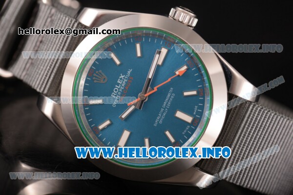 Rolex Milgauss Asia Automatic Steel Case with Blue Dial and Grey Nylon Strap - White Stick Markers - Click Image to Close