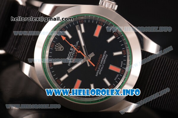 Rolex Milgauss Asia Automatic Steel Case with Black Dial Stick Markers and Black Nylon Strap - Click Image to Close