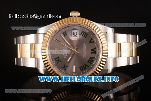 Rolex Datejust II Swiss ETA 2836 Automatic Two Tone Case/Bracelet with Grey Dial and Green Roman Numeral Markers (BP) - Click Image to Close