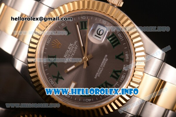 Rolex Datejust II Swiss ETA 2836 Automatic Two Tone Case/Bracelet with Grey Dial and Green Roman Numeral Markers (BP) - Click Image to Close