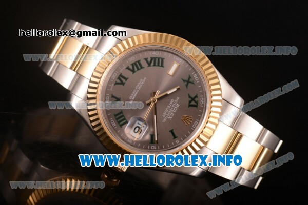 Rolex Datejust II Swiss ETA 2836 Automatic Two Tone Case/Bracelet with Grey Dial and Green Roman Numeral Markers (BP) - Click Image to Close