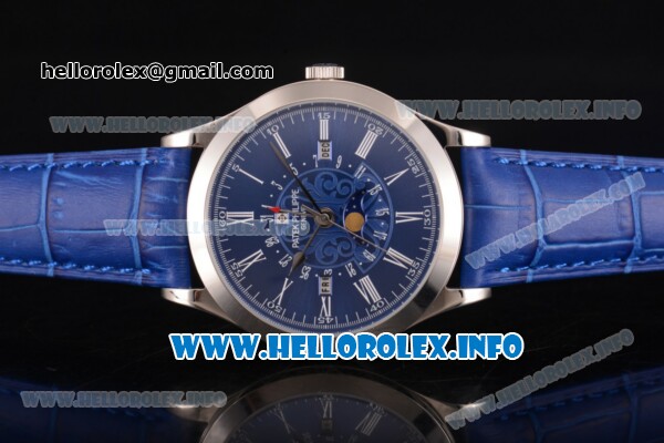 Patek Philippe Grand Complications Perpetual Calendar Miyota Quartz Steel Case with Blue Dial and White Roman Numeral Markers - Click Image to Close