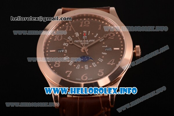 Patek Philippe Grand Complications Perpetual Calendar Miyota Quartz Rose Gold Case with Brown Dial and Arabic Numeral Markers - Click Image to Close