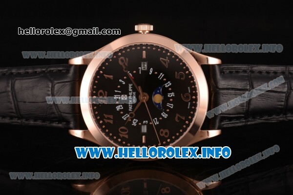 Patek Philippe Grand Complications Perpetual Calendar Miyota Quartz Rose Gold Case with Black Dial and Arabic Numeral Markers - Click Image to Close