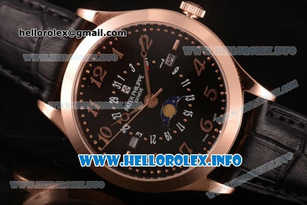 Patek Philippe Grand Complications Perpetual Calendar Miyota Quartz Rose Gold Case with Black Dial and Arabic Numeral Markers - Click Image to Close