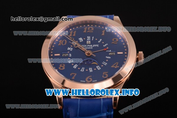 Patek Philippe Grand Complications Perpetual Calendar Miyota Quartz Rose Gold Case with Blue Dial and Arabic Numeral Markers - Click Image to Close