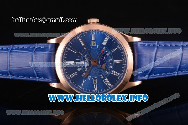 Patek Philippe Grand Complications Perpetual Calendar Miyota Quartz Rose Gold Case with Blue Dial and White Roman Numeral Markers - Click Image to Close