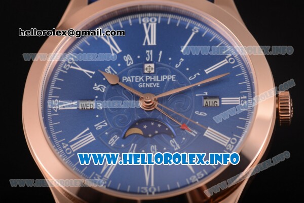 Patek Philippe Grand Complications Perpetual Calendar Miyota Quartz Rose Gold Case with Blue Dial and White Roman Numeral Markers - Click Image to Close