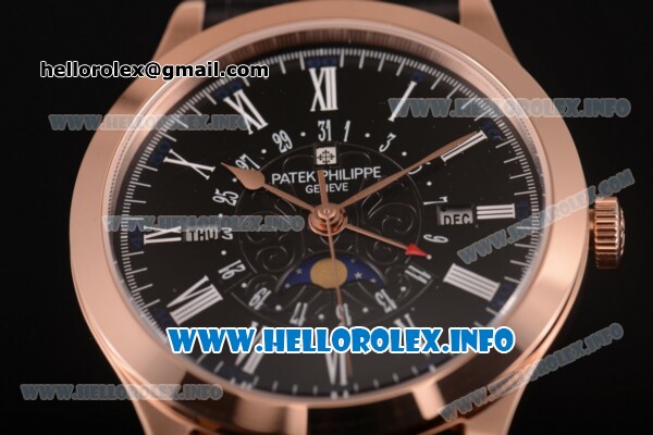 Patek Philippe Grand Complications Perpetual Calendar Miyota Quartz Rose Gold Case with Black Dial and White Roman Numeral Markers - Click Image to Close