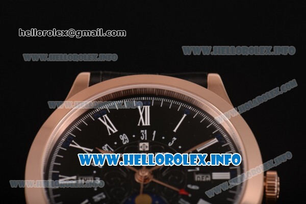 Patek Philippe Grand Complications Perpetual Calendar Miyota Quartz Rose Gold Case with Black Dial and White Roman Numeral Markers - Click Image to Close