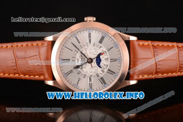 Patek Philippe Grand Complications Perpetual Calendar Miyota Quartz Rose Gold Case with Silver Dial and Black Roman Numeral Markers - Click Image to Close